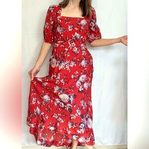 Maeve Red Puff Sleeve Hi Lo Maxi Dress for Weddings size 0